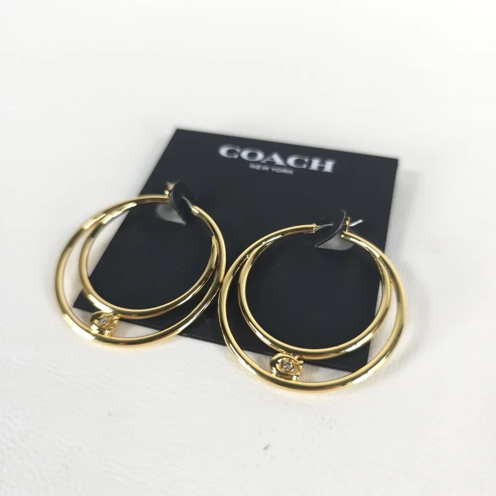 NWT COACH Women's Signature Double Hoop Gold Earrings with Cubic Zirconia Detail - Picture 9 of 13